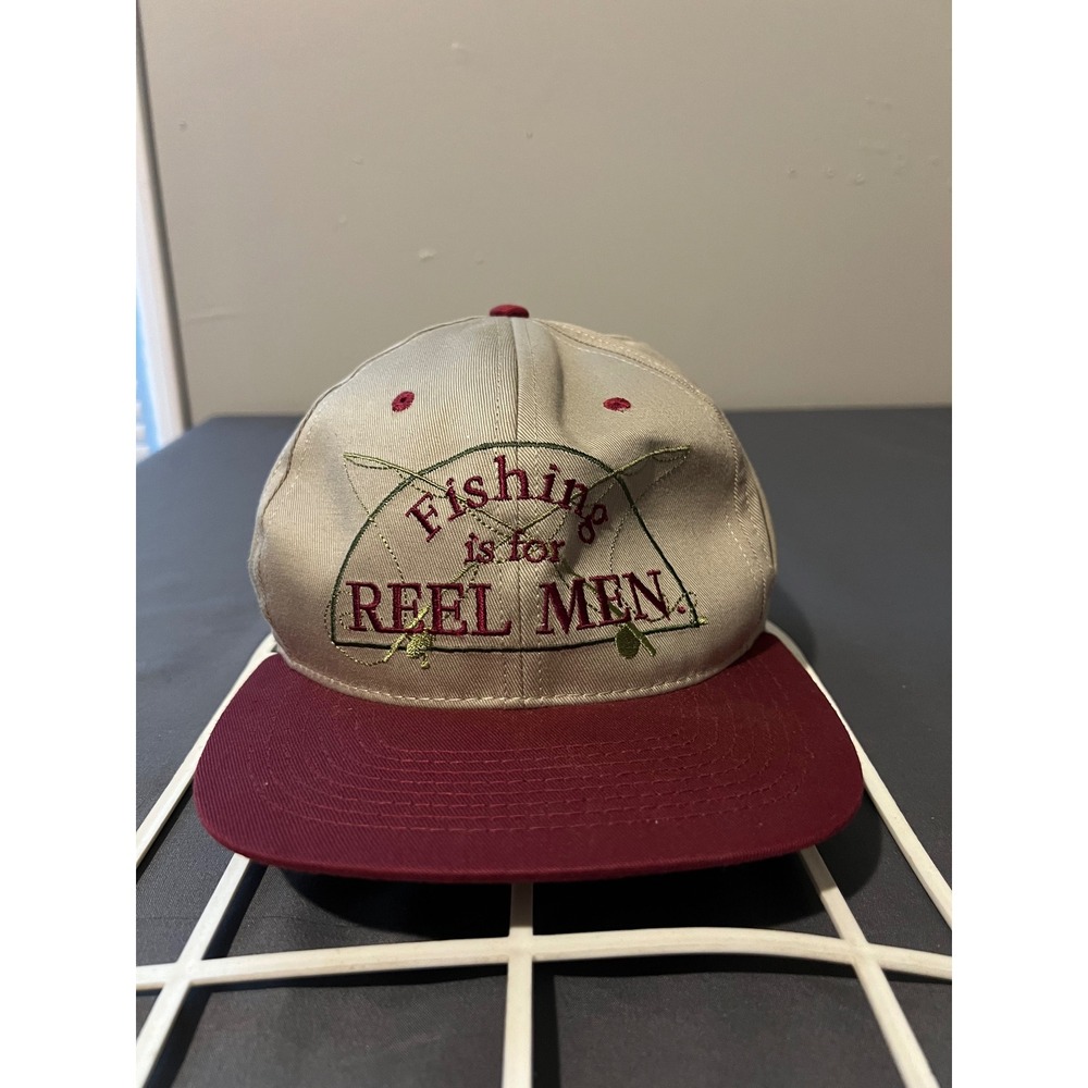 Vintage Shoebox Fishing is for Reel Men Snapback Hat Khaki Maroon Two Tone Cap